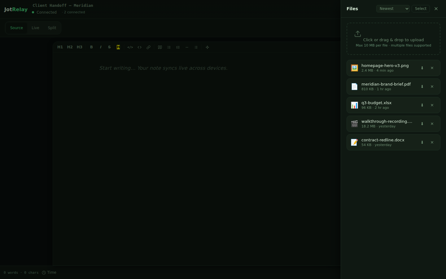 JotRelay's file panel showing several uploaded files ready for handoff