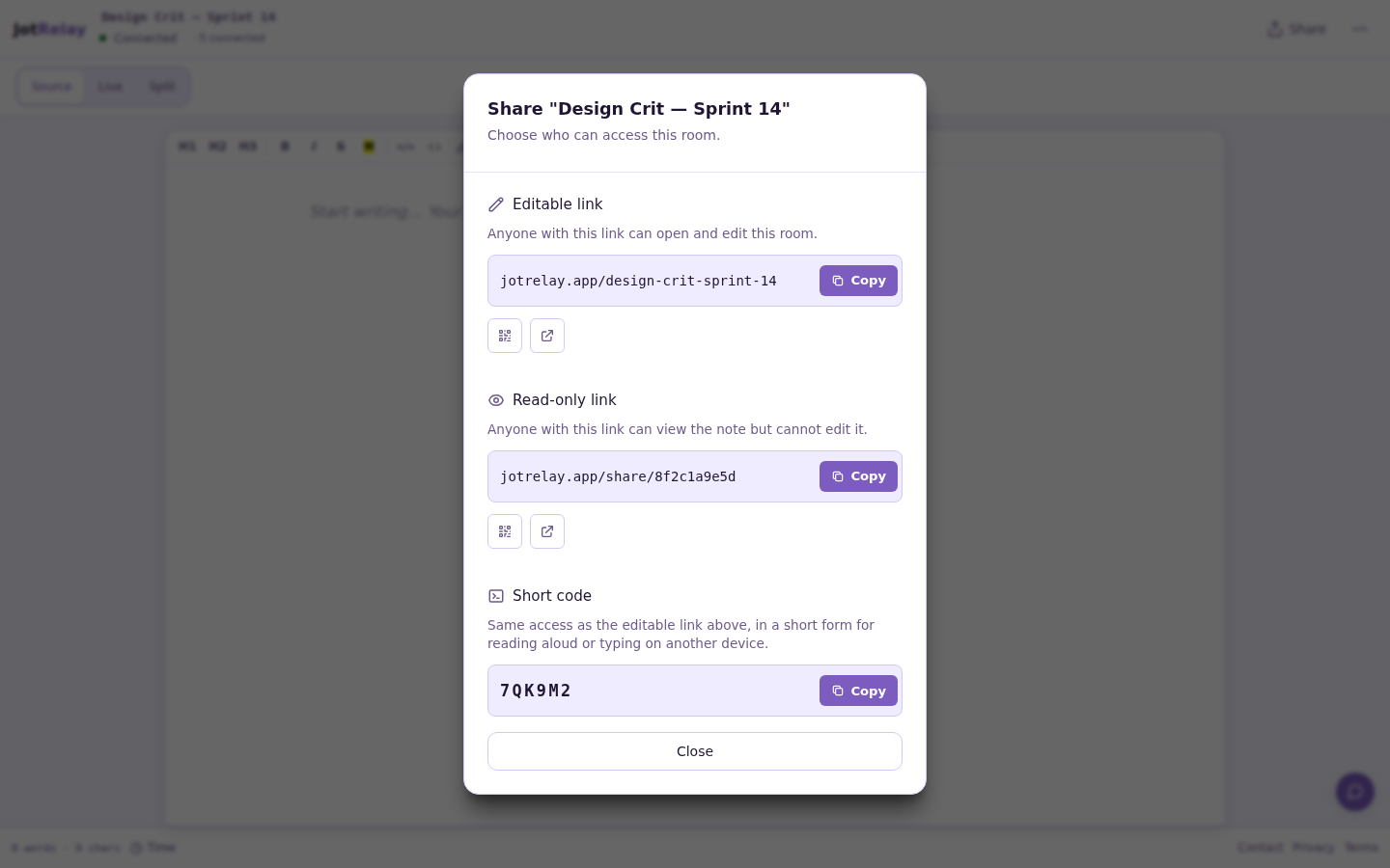 JotRelay's share modal with editable link, read-only link, and short code